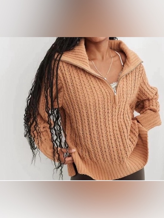 aerie Sweaters - Aerie Cable Car Quarter-Zip Sweater in the color Camel